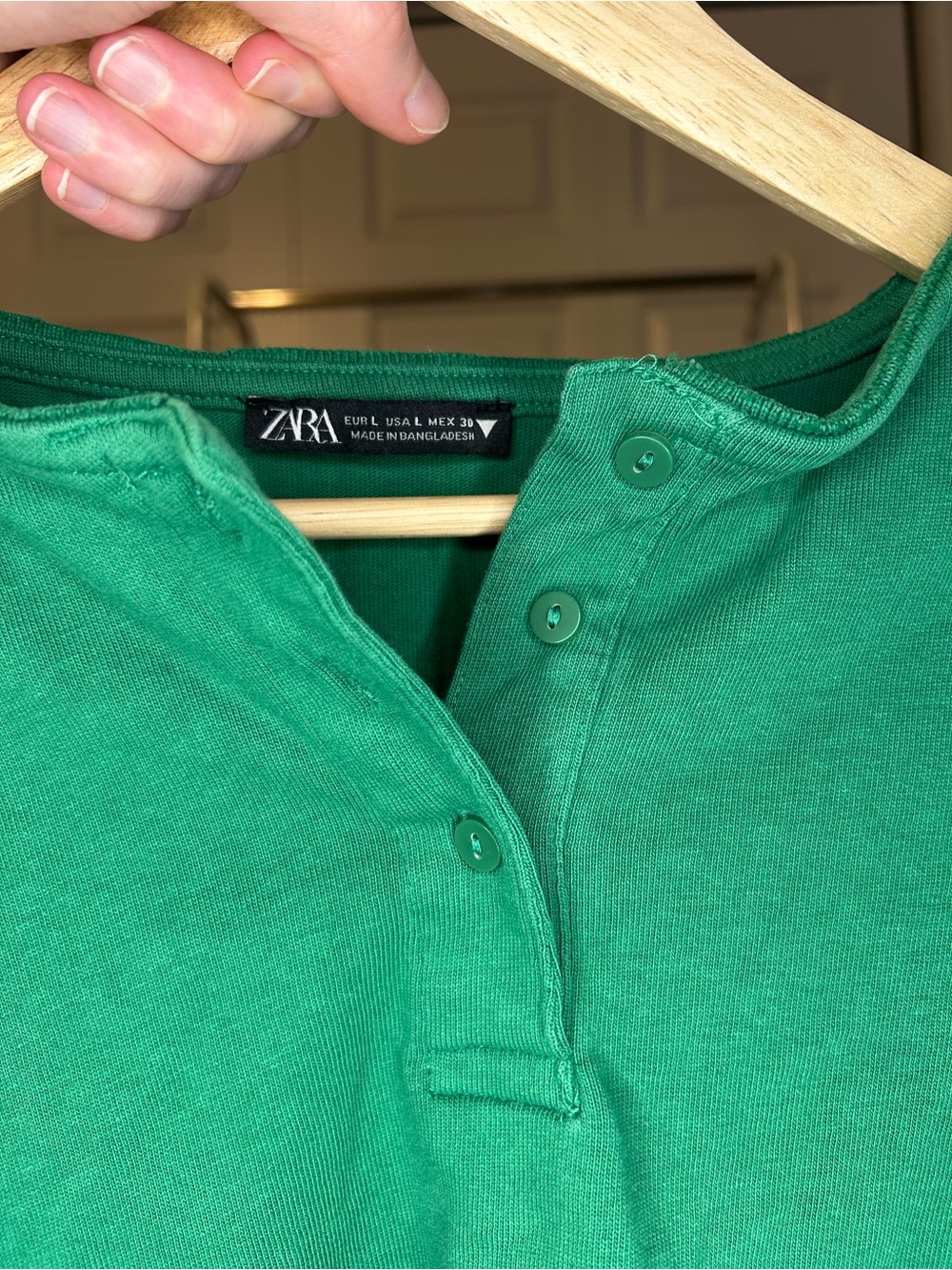 🌿ZARA Kelly Green Long Sleeve Henley Sweatshirt Size Large